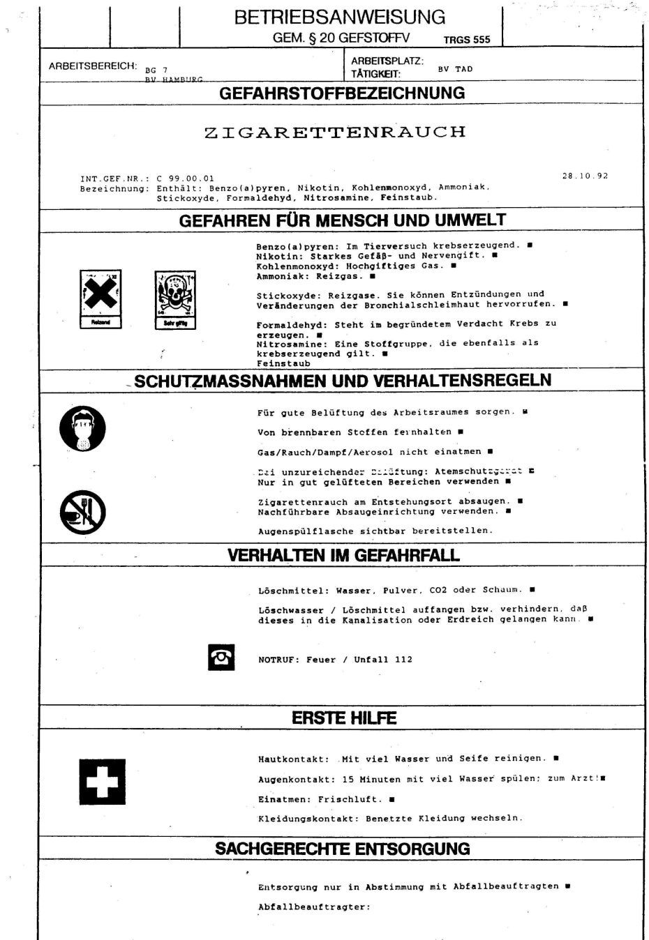 Betriebsanweisung Rauchen